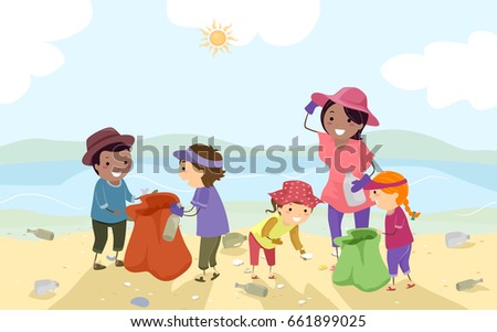 Illustration of Stickman Kids with Their Teacher Doing Coastal Clean Up