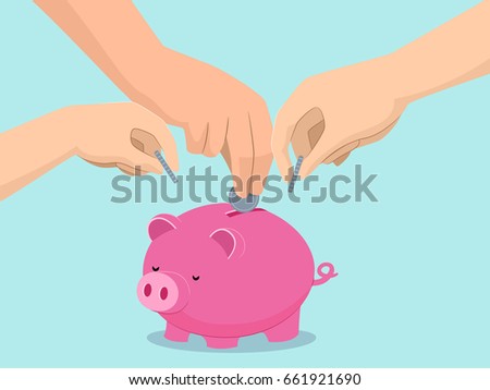 Illustration of Hands of Family Members Saving on One Piggy Bank for the Whole Family