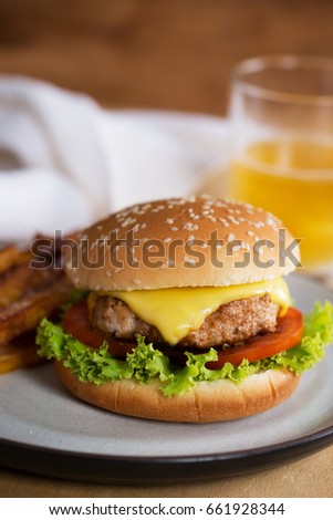 classic hamburger with french fries in plate