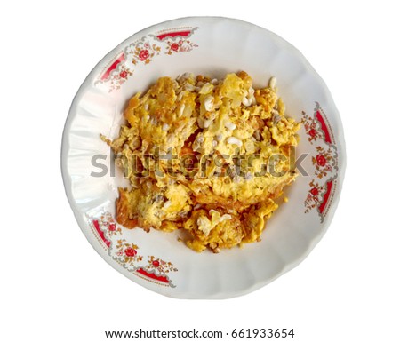 Red ants egg in omelet Thai fried egg style. Thai food is made from egg and ant egg.