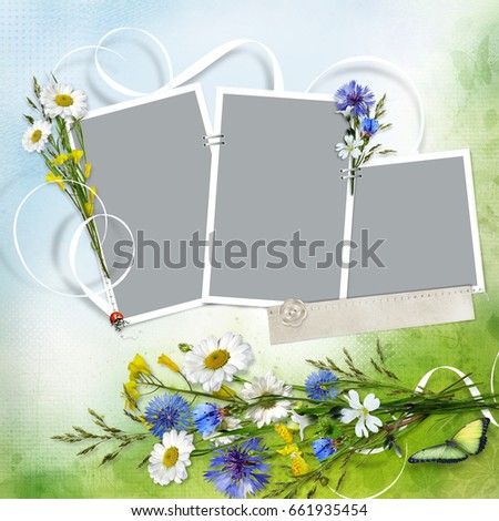 Beautiful background with frames for a photo and a bouquet of flowers from chamomiles and cornflowers