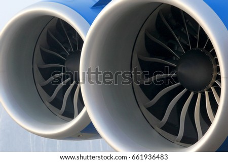 Two modern jet engines close up view. Royalty-Free Stock Photo #661936483