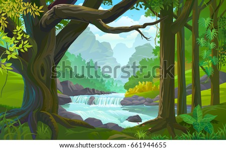 A stream of river flowing across a dense green forest Royalty-Free Stock Photo #661944655