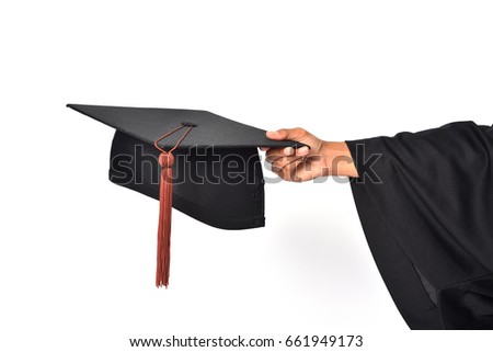 Graduates in university holding a dark brown tassel hat,isolated background.