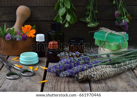 Composition of herbs and flower used in natural alternative medicine or cosmetology for the preparation of cosmetics, cream, soap, lipstick, bath salt, oil. Sage, lavender, calendula, clover, yarrow, 