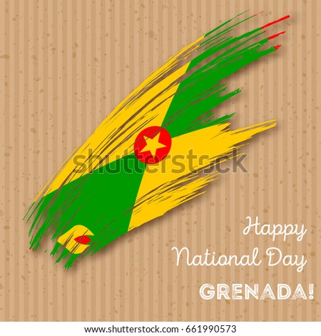 Grenada Independence Day Patriotic Design. Expressive Brush Stroke in National Flag Colors on kraft paper background. Happy Independence Day Grenada Vector Greeting Card.