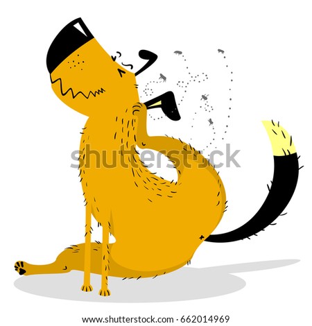 Itchy dog. Domestic or stray dog with skin parasites. Pet and fleas. Vector illustration in cartoon style isolated on white