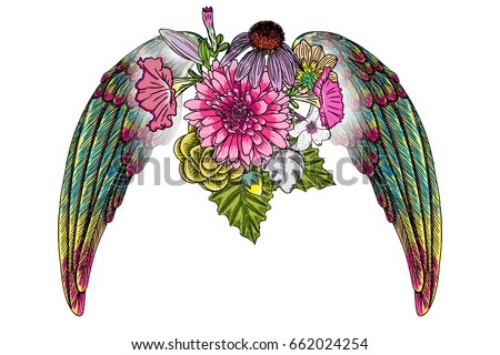 Flowers with angel or bird wings. Vintage floral. Highly detailed blackwork tattoo flash concept isolated on white. Wings and blooming lily drawing in feminine style. Vector.