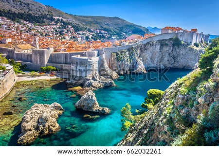 Aerial view at famous european travel destination in Croatia, Dubrovnik old town. / Selective focus. Royalty-Free Stock Photo #662032261