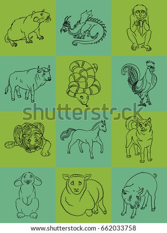 Chinese calendar animals  Bull, cock, dog, dragon, pig,  rat, rabbit, sheep, snake, tiger, horse, monkey. For your convenience, each significant element is in a separate layer. eps10