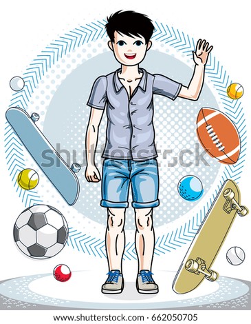 Teen cute little boy standing in stylish casual clothes. Vector pretty nice human illustration. Childhood lifestyle clip art.