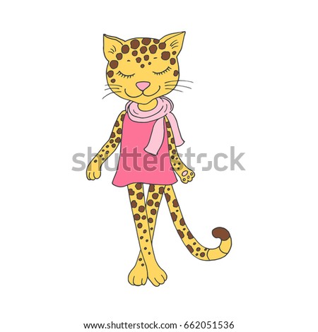 Cute jaguar with closed eyes in pink dress. Funny illustration for Valentine's Day, baby announcement, Mother's Day,wedding design, scrapbook, textiles.