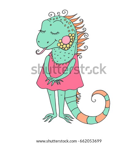 Cute iguana with closed eyes in pink dress. Funny illustration for Valentine's Day, baby announcement, Mother's Day,wedding design, scrapbook, textiles.