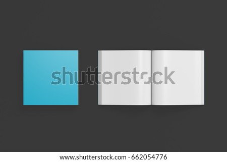 Blank cyan square soft cover book with glossy paper on black background. Open and closed,  around each book. 3d illustration