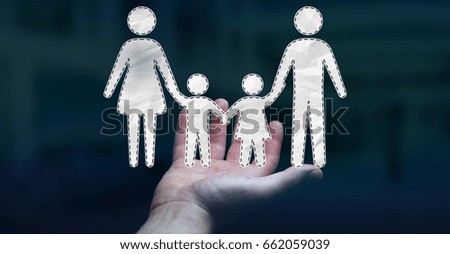 Businessman on blurred background holding family interface in his hand 3D rendering
