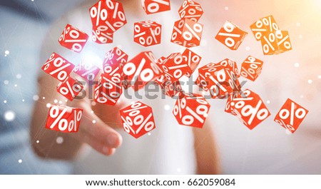 Businessman on blurred background using white and red sales flying icons 3D rendering
