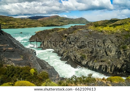 Beautiful and powerful Salto Grande waterfall in Torres del Paine National Park in Chile