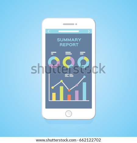 Smartphone with chart graphs on the screen.  Isolation, blue background. Vector, illustration, flat