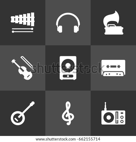 Set Of 9 Melody Icons Set.Collection Of Radio, Percussion, Tape And Other Elements.
