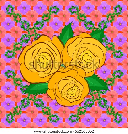 For backgrounds, textiles, wrapping papers, greeting cards. Romantic seamless pattern with watercolor bouquet of abstract rose flowers and green leaves on a orange background.