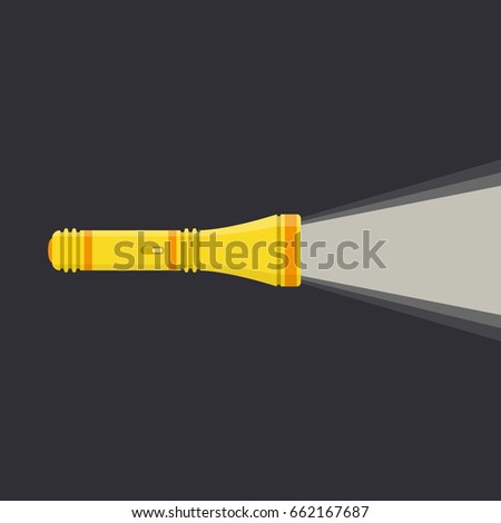 Yellow flashlight with ray light isolated on white background. Glowing pocket torch light in flat style. Vector illustration EPS 10.