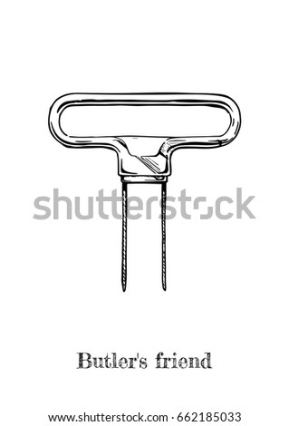 Vector hand drawn illustration of corkscrew. Butler's friend in vintage engraved style on white background.