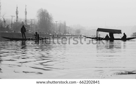 Silhouettes photography of Dal Lake in Black and White at Srinagar, Kashmir State of India