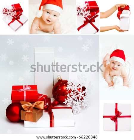 Christmas collage with gifts and sweet baby in christmas hat
