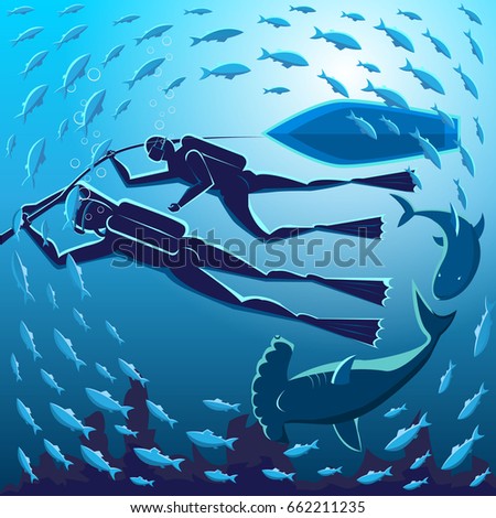 two divers under water surrounded by fish and sharks vector illustration

