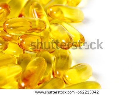 Closeup fish oil capsules isolated on white background, Have a copyspace for your text