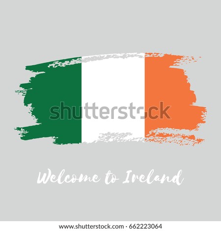 Ireland watercolor vector national country flag icon. Hand drawn illustration with dry brush stains, strokes, spots isolated on gray background. Painted grunge style texture for posters, banner design