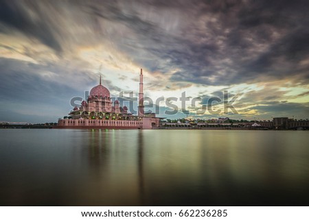 Sunrise at Masjid Putra or Putra Mosque, Putrajaya, Malaysia