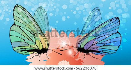 Butterflies collect pollen from the flower. Butterfly dance around the bud. Vector illustration for your design.