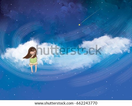 graphic illustration of water color blue night sky. Smiling girl sitting on clouds over starry night sky drawing. Idea of imagination, dream land, art, fantasy, hobby, nature design background