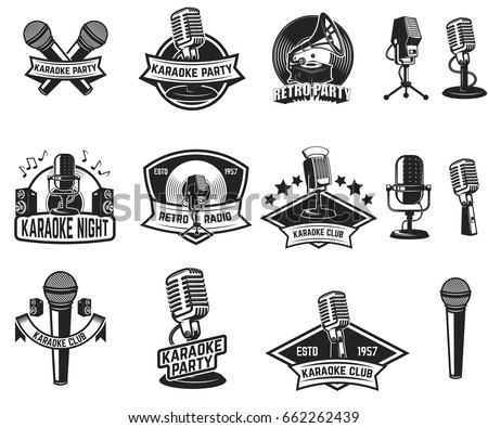 Set of karaoke party labels. Vintage microphone, gramophone. Design elements for label, emblem, sign. Vector illustration
