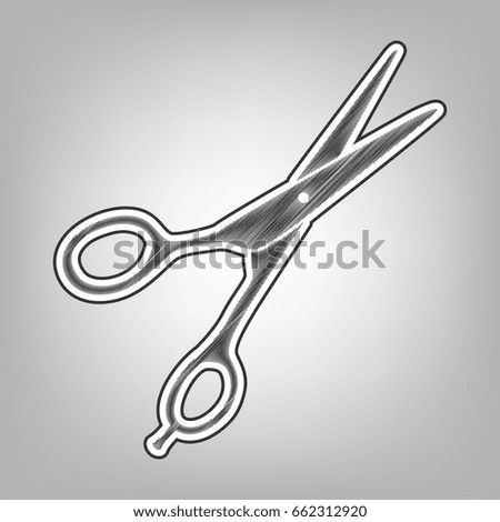Hair cutting scissors sign. Vector. Pencil sketch imitation. Dark gray scribble icon with dark gray outer contour at gray background.
