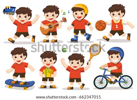 activity set of a kid: A cute boy playing with toys. Playing sport including basketball, athletic, tennis, bicycle, skate rolling. Playing guitar and singing happily. Holding present.