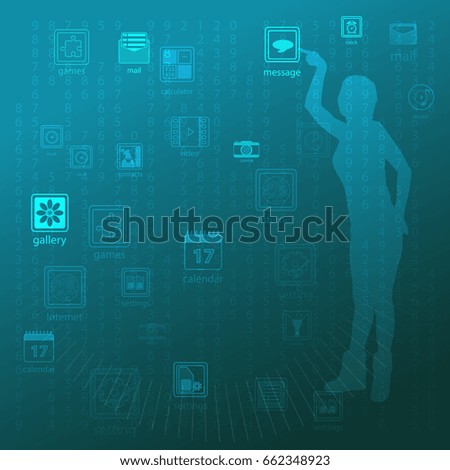 The concept of technology in one click, touch pressing to manage gadgets. On a blue background the girl is holding her finger. Illustration, vector for your design
