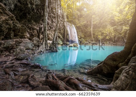 Beautiful waterfall in forest at Erawan waterfall National Park, Kanchanaburi, Thailand