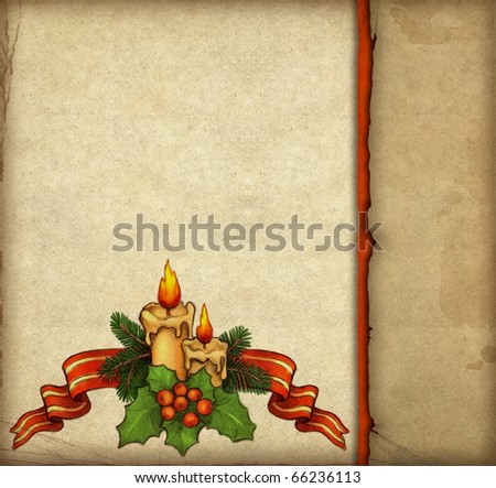 Greeting card with drawing of candle, holly berry and ribbon