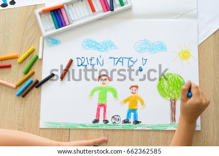 Happy child drawing father's day card with Polish words: Father's Day. Greeting card for Father's Day