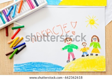 Wakacje - Polish word for summer vacation. Oil pastels drawing of happy family on the beach.