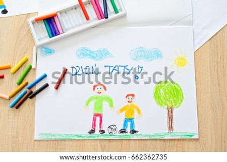 Color children drawing: father's day card with Polish words: Father's Day. Greeting card for Father's Day