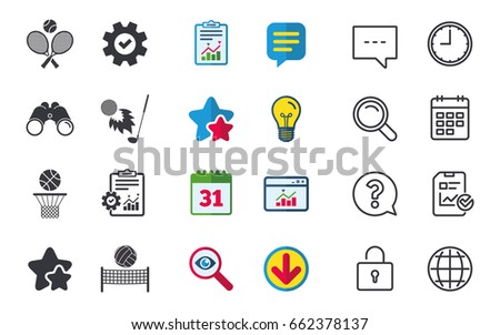 Tennis rackets with ball. Basketball basket. Volleyball net with ball. Golf fireball sign. Sport icons. Chat, Report and Calendar signs. Stars, Statistics and Download icons. Question, Clock and Globe