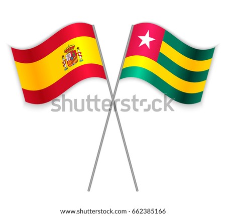 Spanish and Togolese crossed flags. Spain combined with Togo isolated on white. Language learning, international business or travel concept.
