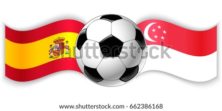 Spanish and Singaporean wavy flags with football ball. Spain combined with Singapore isolated on white. Football match or international sport competition concept.
