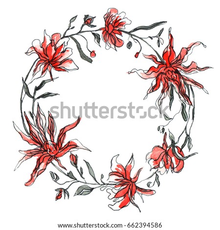 Wreath, circle frame with watercolor red flowers. Hand drawn on white background. Wedding design, greeting card, invitation