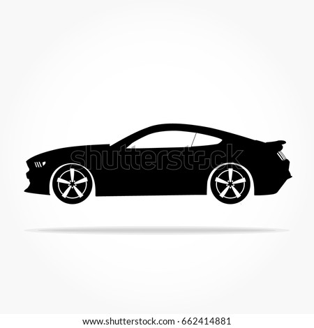 simple floating sports car icon viewed from the side colored in flat black with detailed rims and drop shadow