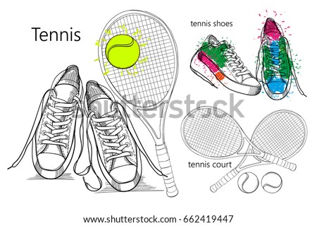Vector illustration of drawing  Tennis Set of isolated objects sneakers with tennis racquet and ball, tennis court. Hand drawn and doodle footwear for logo.
