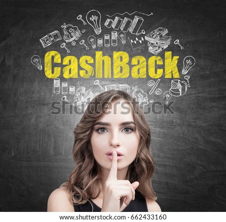 Close up of a young European woman with wavy hair making a hush sign. Blackboard background with a cashback sketch on it.